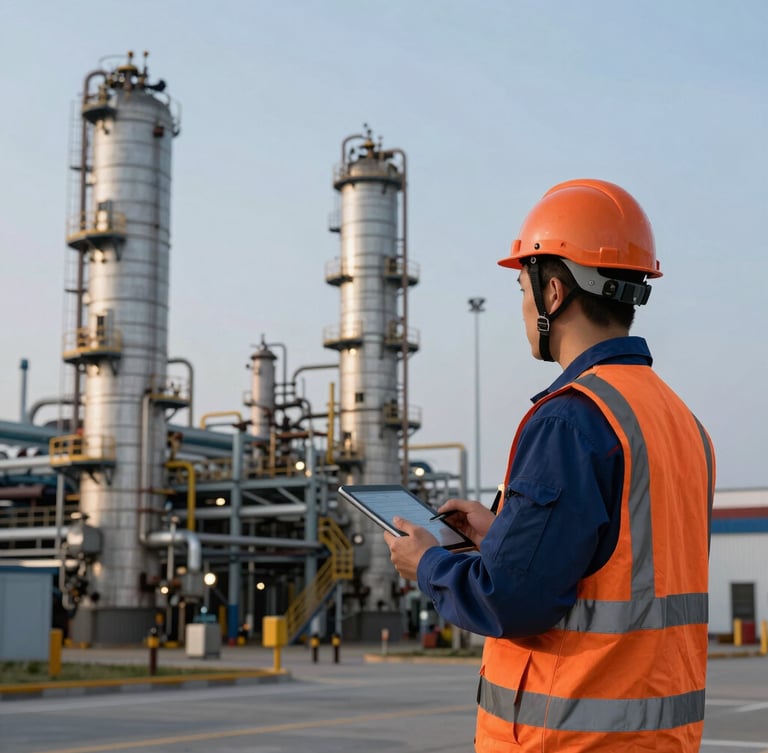 Wide shot of an industrial refinery at dusk, an engineering inspector in safety gear holding a tablet, orange accent on his helmet, sharp focus.