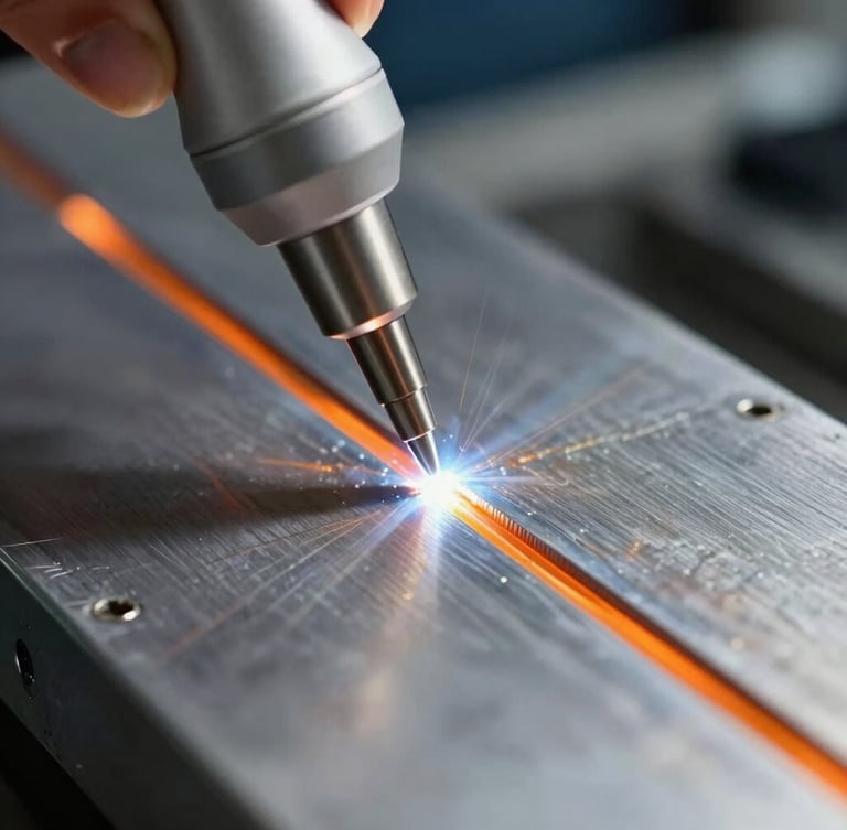Extreme close-up of a technical ultrasound probe scanning a steel welding seam, crisp daylight, high contrast slate and safety orange tones, sharp focus