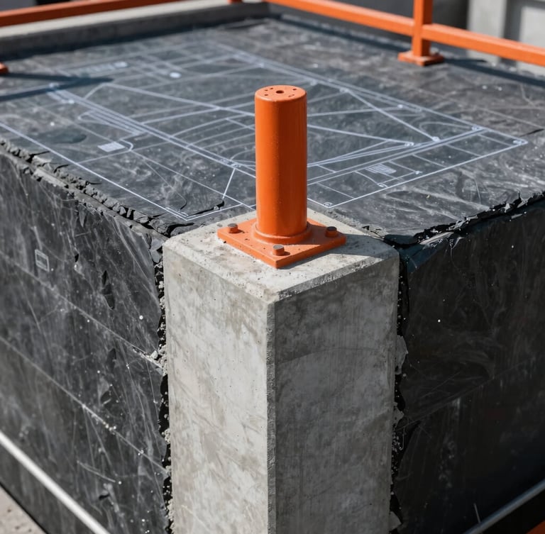 Technical blueprint of a concrete foundation, industrial engineering site, sharp focus, high contrast slate tones