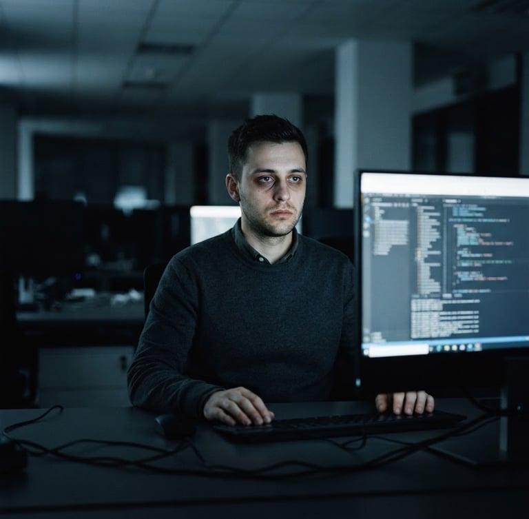 A deadpan medium-close portrait of a young man staring blankly at a glowing computer screen in a dark, cool-toned corporate office, desaturated slate tones, clinical composition, 35mm.