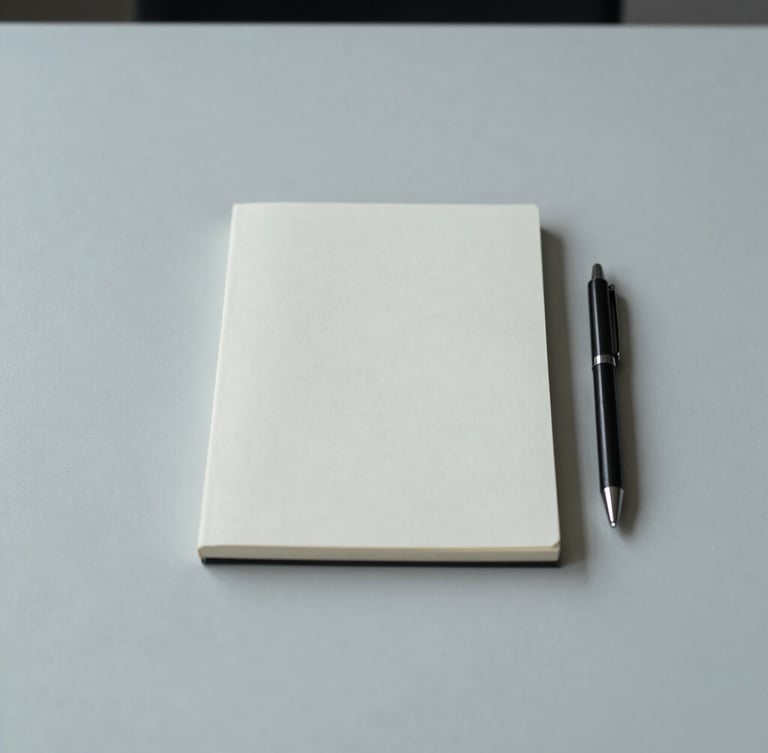 Clinical medium-close shot of an empty, minimalist desk, cool corporate lighting, desaturated tones. A single, blank, unblemished notepad sits centered, a pen beside it. No human presence.