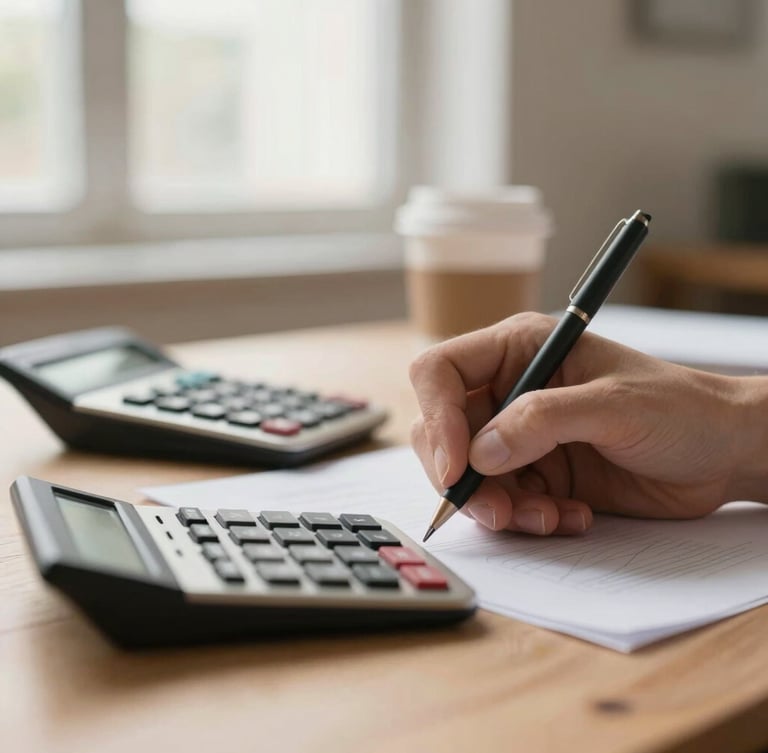 Close-up of hands writing calculations on a document, warm natural window light, calculator and coffee cup blurred in the background, soft earth tones, shallow depth of field.
