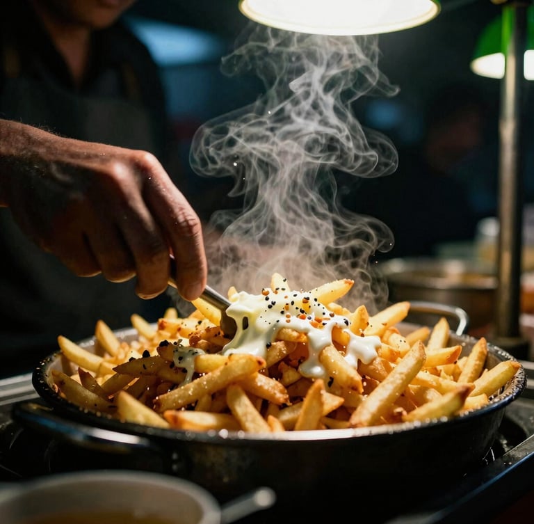 Close-up of a street food vendor preparing loaded fries under warm market lights, steam rising, high contrast, gritty texture
