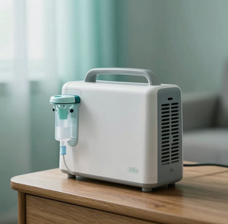 Clean medical photography of a portable oxygen concentrator on a wooden side table, soft natural morning light, calming teal tones, shallow depth of field.