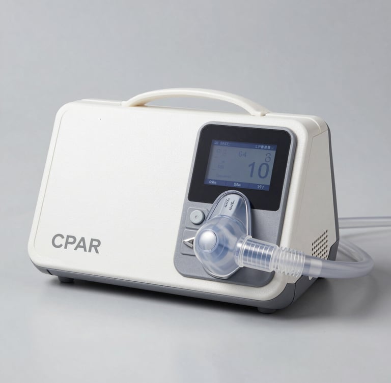 Clean medical photography of a modern, well-lit living room with soft morning light, focusing on a compact, elegant oxygen concentrator resting on a wooden side table, shallow depth of field, calming teal and soft grey tones