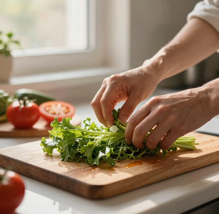 A close-up of hands preparing a fresh, nutritious meal on a clean kitchen counter, soft warm morning light coming through a window, focus on fresh vegetables and gentle preparation.
