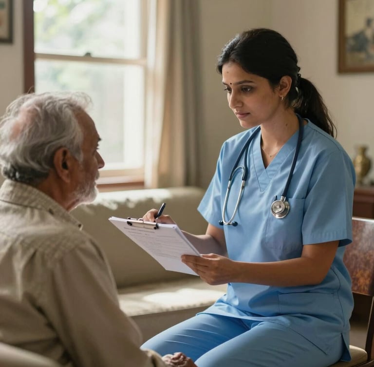 A clinical supervisor in a soft slate blue uniform checking a medical chart next to an elderly patient in a sunlit, comfortable Indian home setting, natural indoor lighting, medium shot.