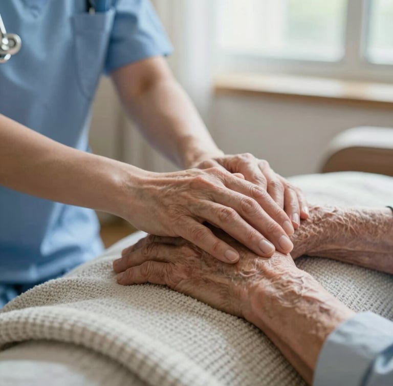 Medium close-up of a nurse's hands resting gently on an elderly patient's hands over a soft woven blanket, natural window light, calm domestic setting.