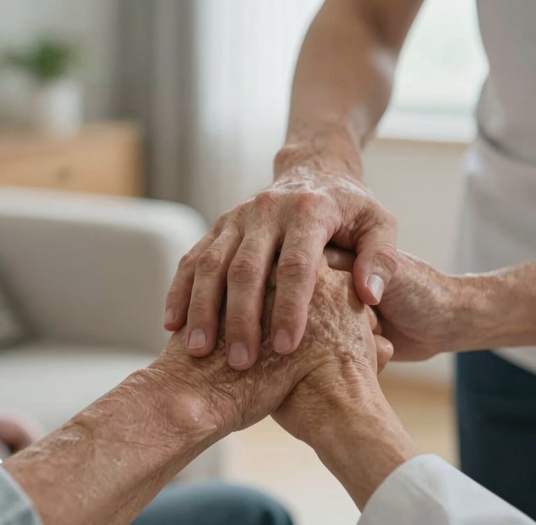 A close-up of a caretaker's hands warm and reassuringly holding an elderly client's hand in a bright room, natural lighting