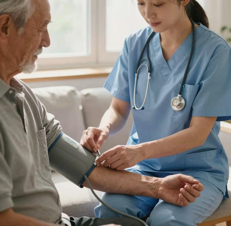 A close-up of a nurse in soft slate blue scrubs gently checking the blood pressure of an elderly gentleman in a sunlit living room, soft natural morning light, warm domestic atmosphere.