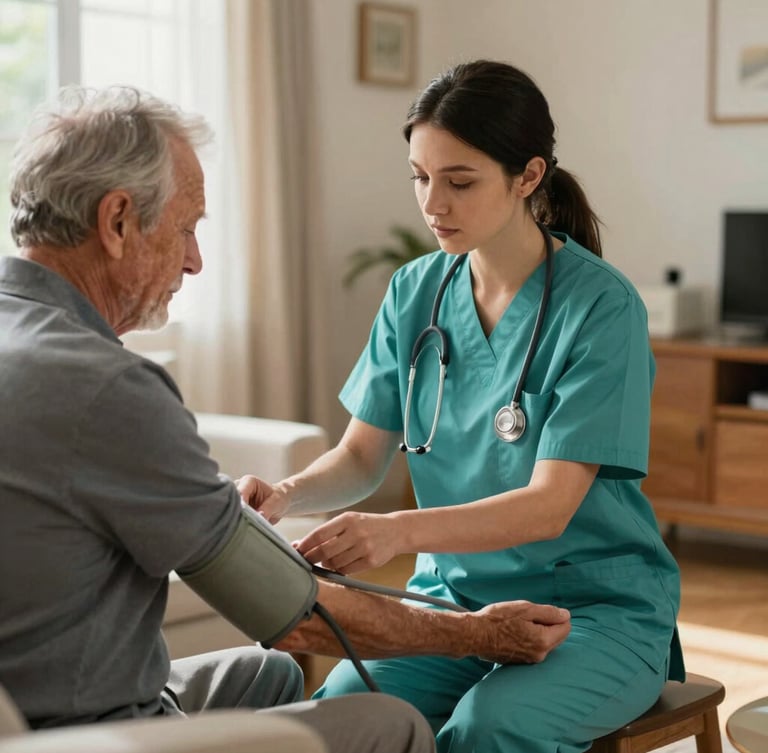 A professional private-duty nurse in clean teal scrubs gently checks the blood pressure of an elderly gentleman in a sunlit domestic living room, focusing on quiet connection and respectful hands.