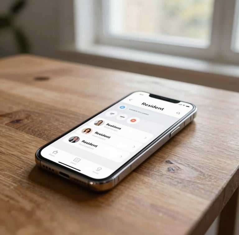 Close-up of a smartphone displaying a clean modern resident portal interface on a wooden dining table, soft afternoon window light.