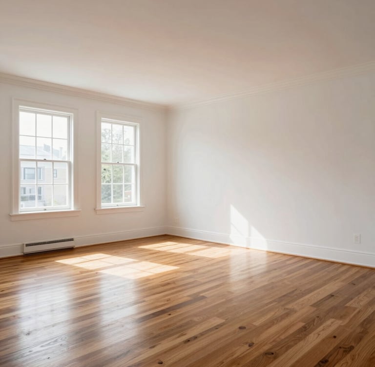 Warm natural afternoon light filling a spacious, newly remodeled living room in a historic Wabash home, polished hardwood floors, clean white walls, wide-angle editorial photography