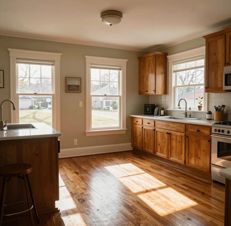 Warm interior of a historic Wabash home, sunlight streaming onto polished hardwood floors and updated kitchen counters, warm editorial style.