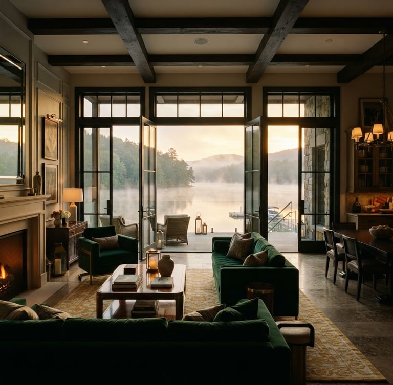 Cinematic wide-angle interior shot of a luxurious Shelby Pawana Lake villa, glass doors open to a misty golden-hour lakefront view, rich textures, emerald and gold accents, 35mm lens, atmospheric.