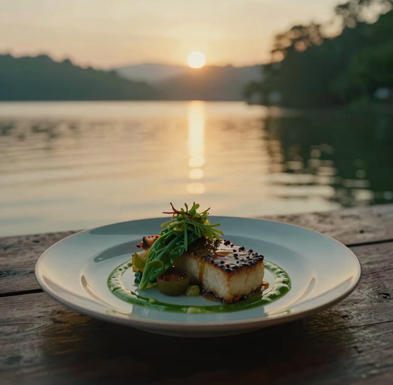 Artfully plated gourmet meal on a dark wooden table, soft focus on the dish, with a blurry background of Pawana Lake at sunset, rich emerald and gold tones.