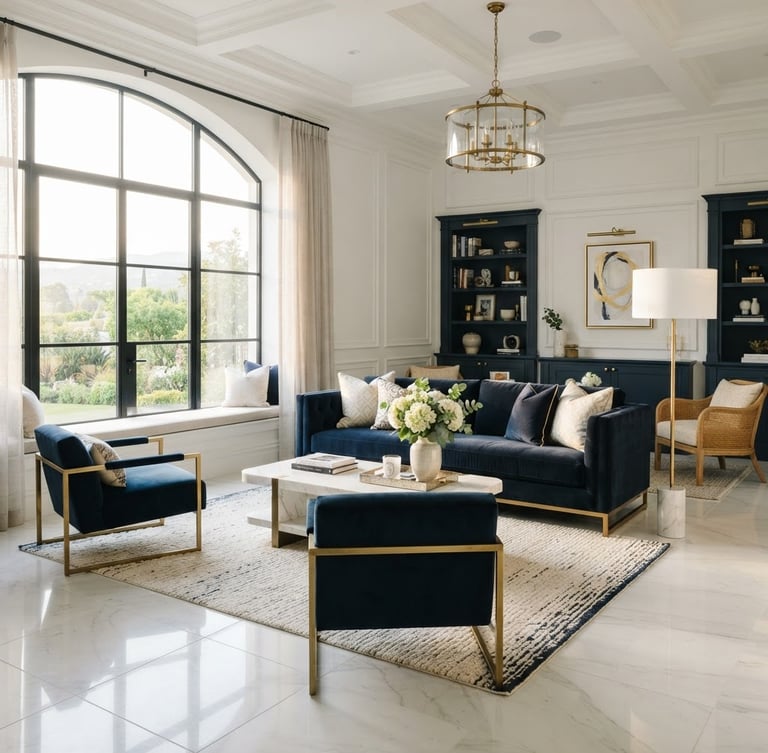 Bright editorial photography of a pristine sunlit luxury home living room, polished white marble floors, soft golden window light, 35mm