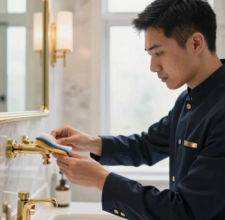 A professional cleaning specialist in a neat, tailored dark navy uniform, carefully polishing a brass fixture in a bright, modern luxury bathroom, close-up, soft natural daylight, 35mm