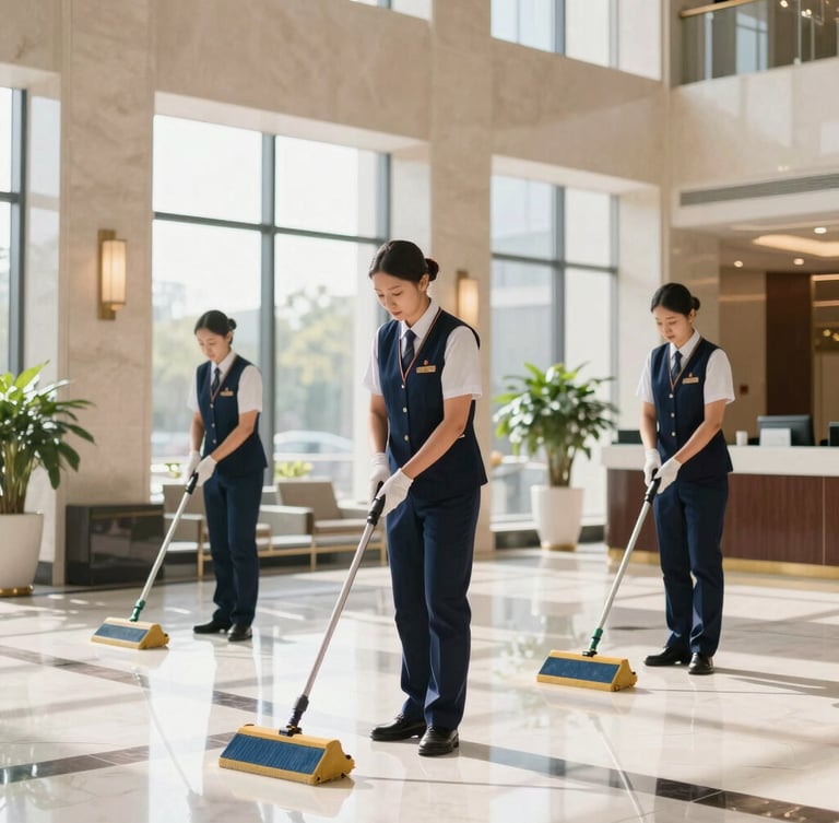 A professional commercial cleaning team in neat uniforms polishing a high-end corporate lobby, bright natural light, crisp focus, 35mm