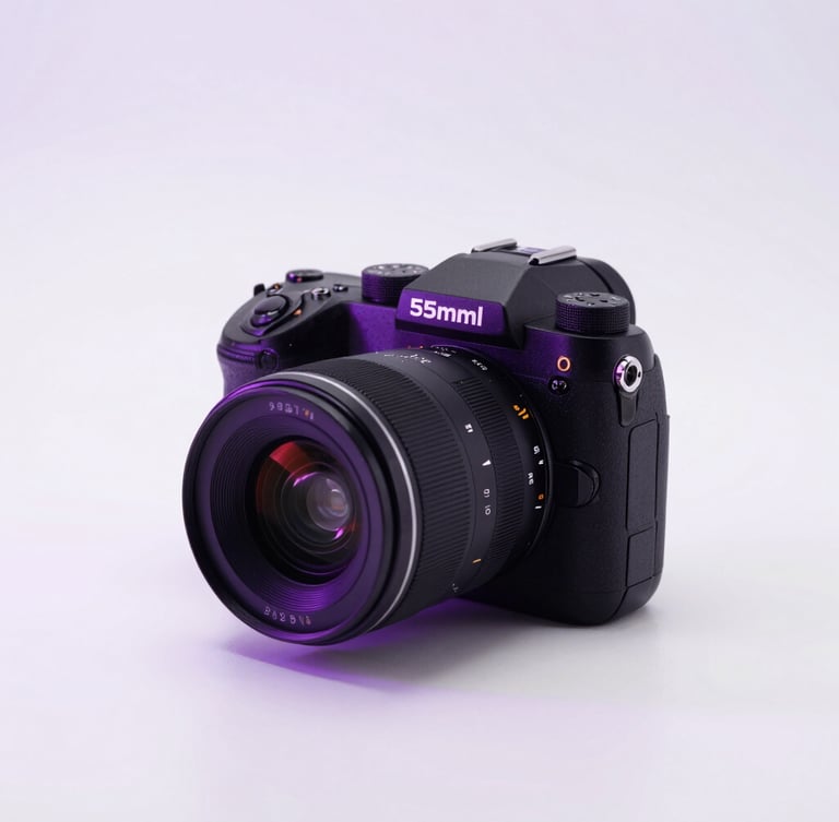 Bright studio product photography, a premium modern gadget unboxing on a clean white surface with soft purple ambient reflections, sharp focus, 50mm