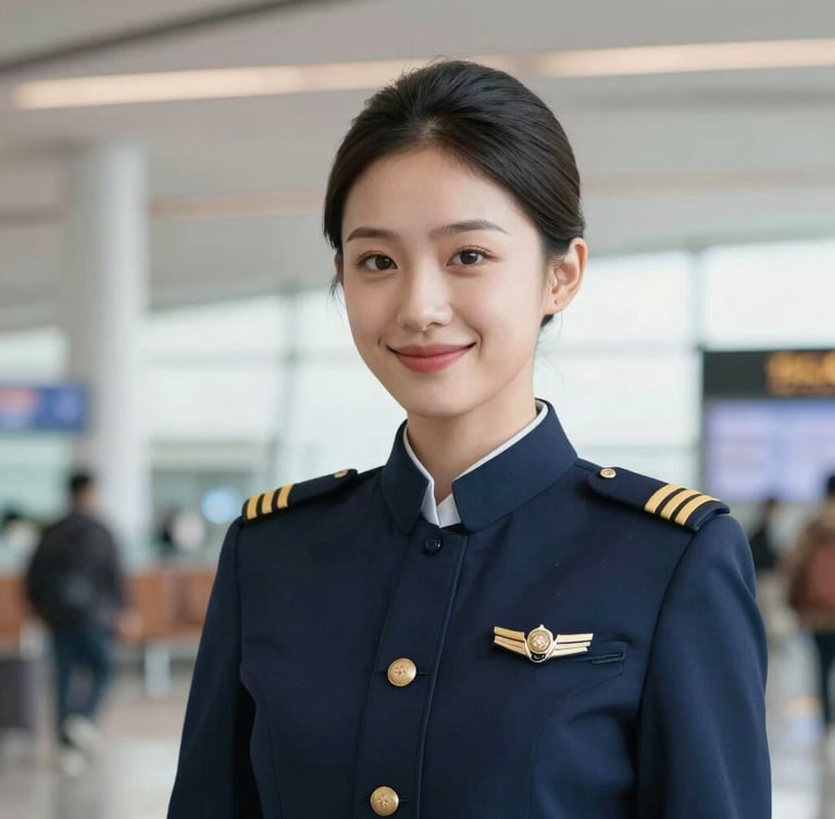 A confident female student in an immaculate navy blue aviation uniform, hair neatly styled, smiling warmly in a bright airport terminal setting
