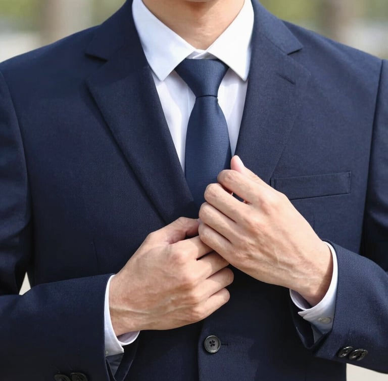 Close-up of a student in an immaculate navy blue uniform adjusting their posture, bright crisp daylight, professional grooming details visible