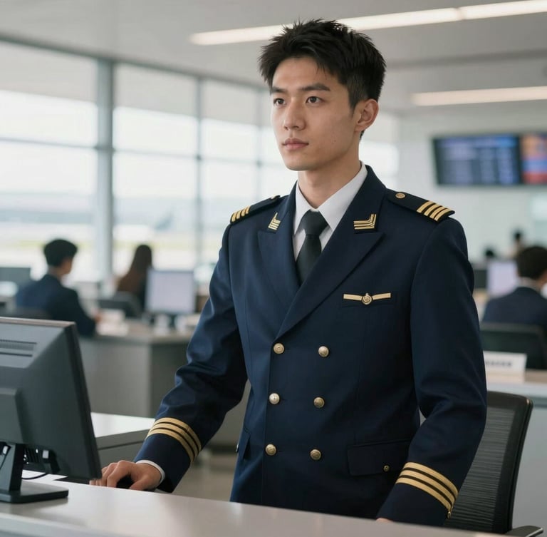 An eye-level portrait of a confident male student in an immaculate navy aviation uniform, standing at a clean airport ticketing counter, daylight.
