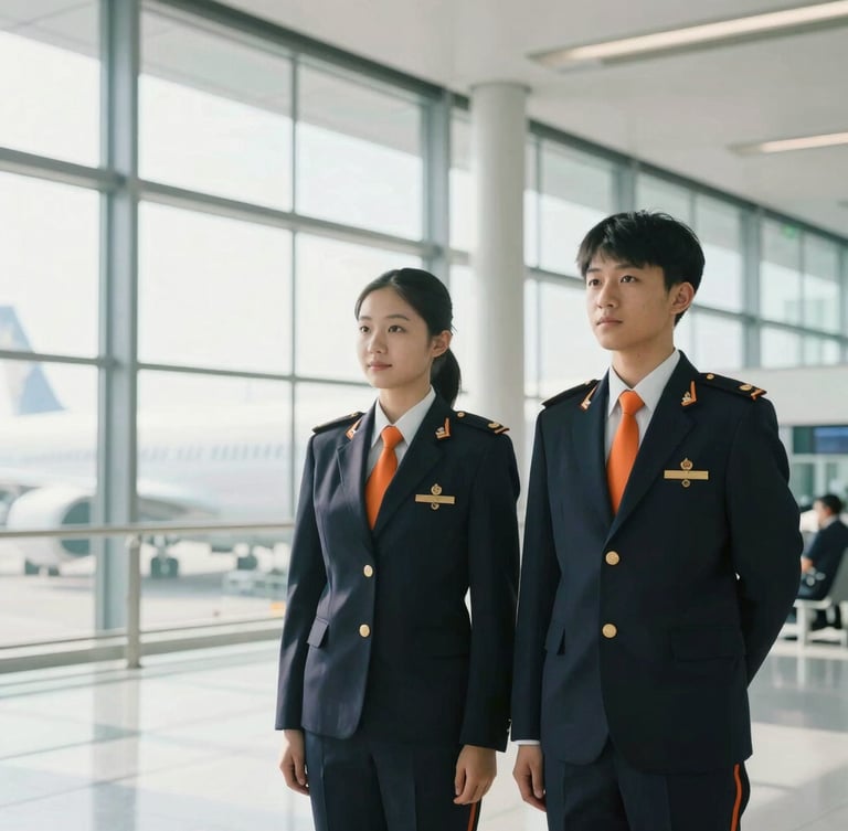 A medium-wide shot of two aviation students in immaculate dark navy uniforms with orange ties, standing confidently in a bright, modern airport terminal, daylight streaming through high glass windows.