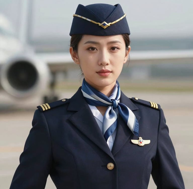 A close-up portrait of a female aviation cadet in an immaculate navy blazer and silk scarf, looking forward with a disciplined, confident posture.