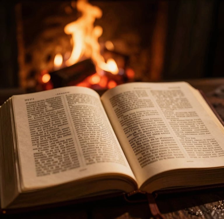 Dramatic close-up of an open leather scripture bible illuminated by warm flickering firelight, glowing embers in the background, deep shadows, shallow depth of field