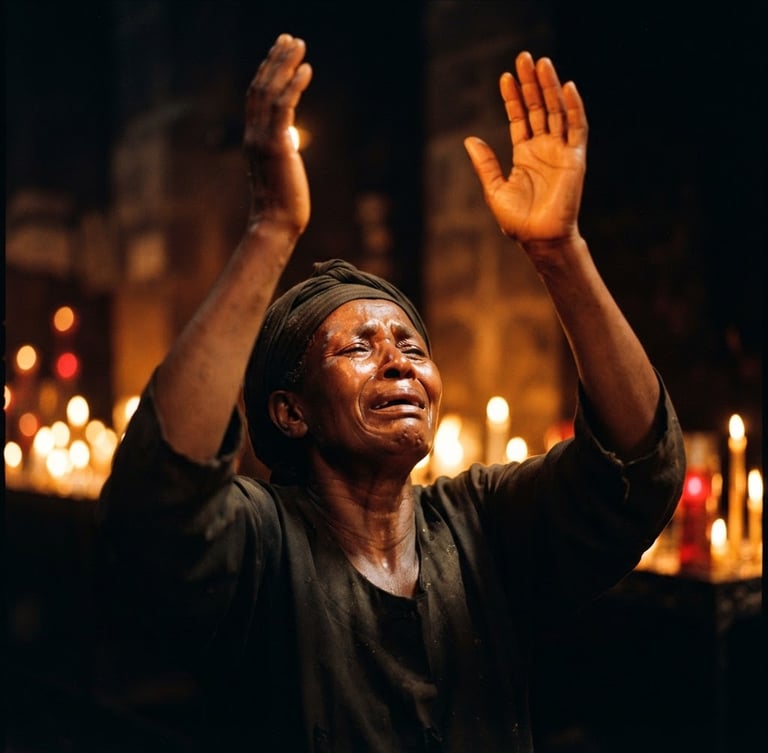 Dramatic portrait of a worshiper with raised hands in intense prayer, illuminated by warm flickering firelight and deep shadows, shallow depth of field, 35mm editorial photography.