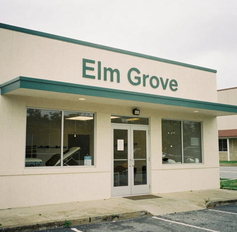 A quiet, warm-toned editorial photograph of a physical therapy clinic exterior in Elm Grove, Wisconsin, soft overcast daylight, 35mm film style