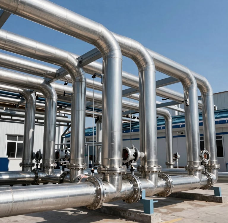 Wide clean environmental shot of installed stainless-steel air piping layouts in a modern factory, bright clean factory daylight, high detail, 35mm lens