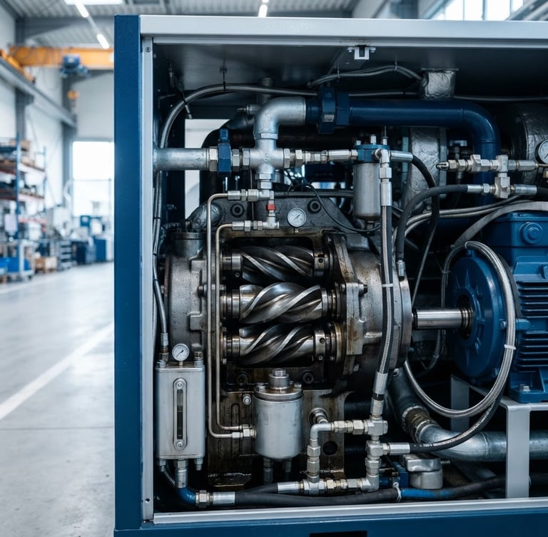 A close-up portrait of a heavy-duty rotary screw air compressor in a modern clean factory, crisp industrial daylight, cool silver and deep blue tones, high detail, 35mm lens.