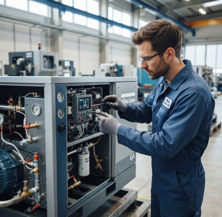 Sharp medium close-up of a factory-certified engineer in clean safety gear calibrating a heavy-duty rotary screw compressor, bright clean factory daylight, cool silver and deep blue tones.