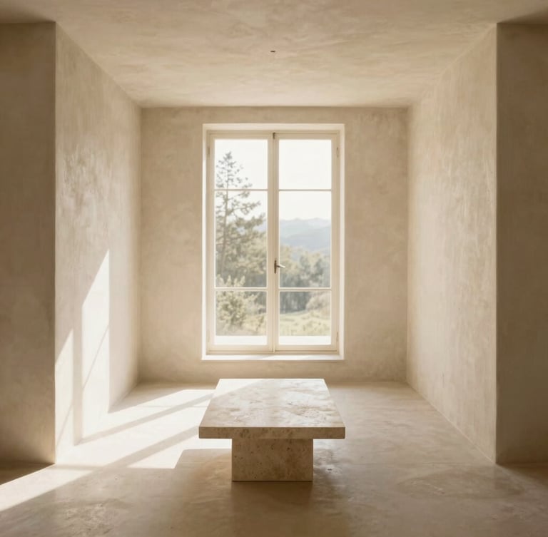 Symmetrical architectural elevation of a sun-drenched living room, raw plaster walls, a single travertine low table, soft morning daylight, warm editorial style