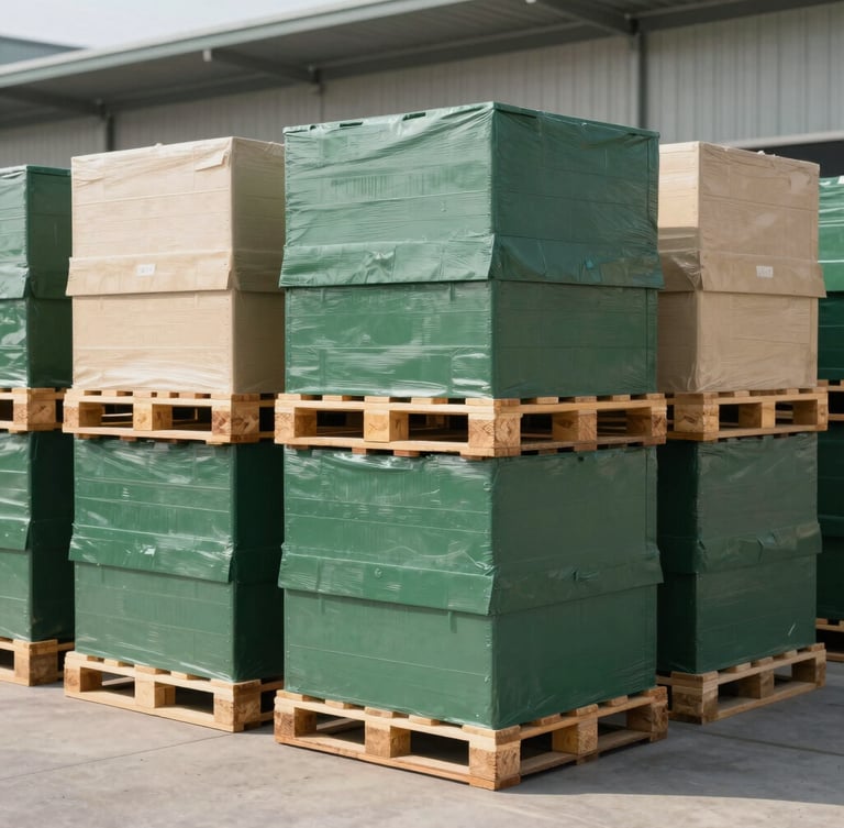 Bright clean daylight photo of a modern organized UK warehouse with neatly stacked pallets, sharp focus, 35mm lens
