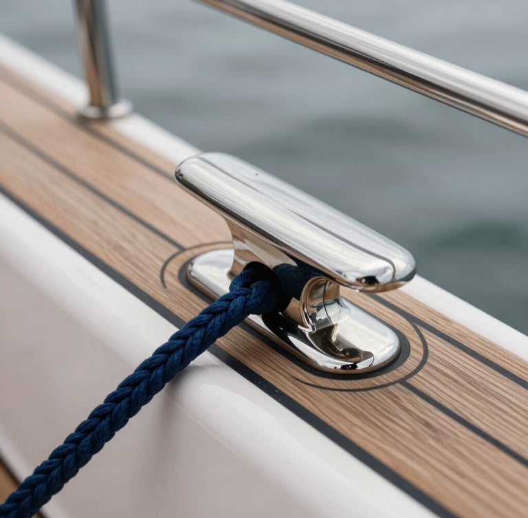 Extreme close-up of premium yacht craftsmanship, featuring a polished stainless steel cleat with a custom-spliced navy dockline secured on pristine teak decking, overcast silver-grey maritime light.