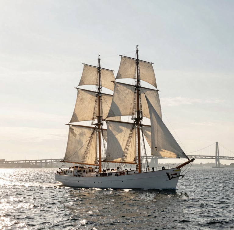 Wide environmental shot of a classic 80-foot sailing yacht underway on Narragansett Bay, crisp morning light reflecting off the silver-grey water, Newport bridge faint in the background.