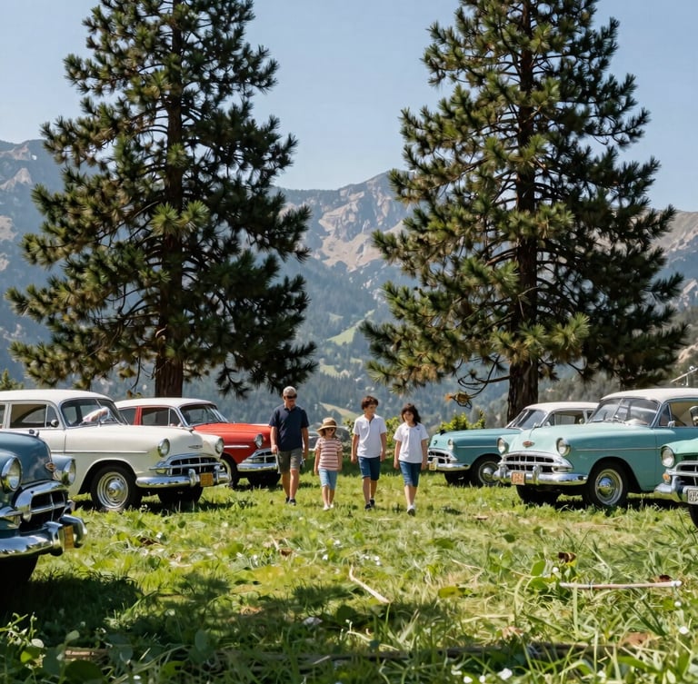 Low-angle wide shot of multi-generational families walking on green grass among classic 1950s cars parked under tall pine trees, bright mountain daylight, crisp shadows