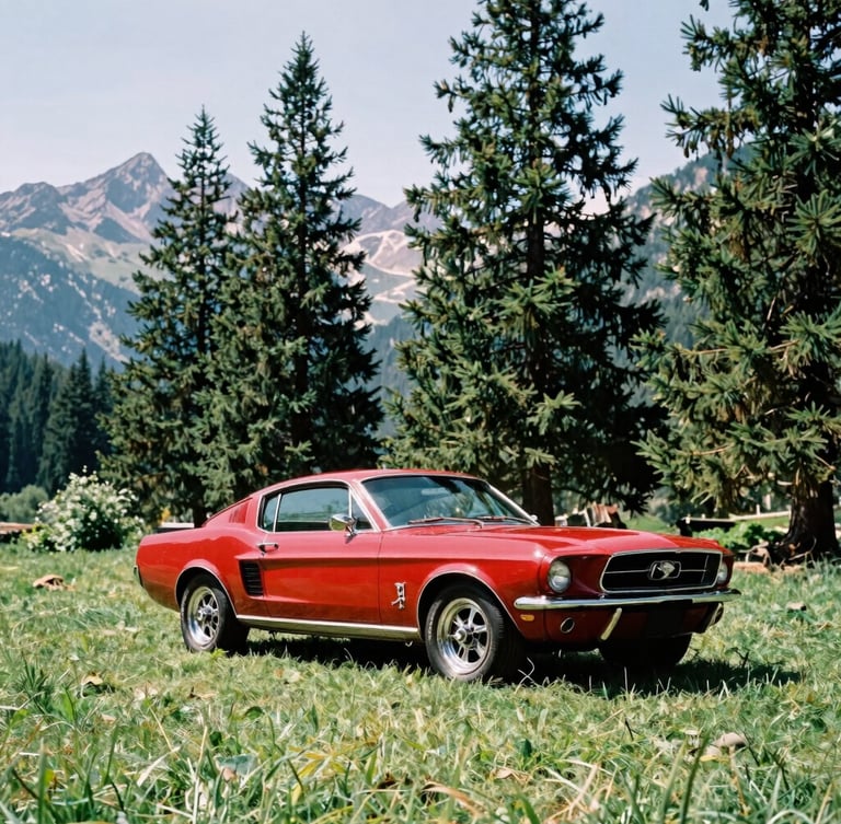 Low-angle shot of a polished red 1965 Mustang parked on lush green grass, towering pine trees and mountain peaks in the background, bright alpine daylight, 35mm