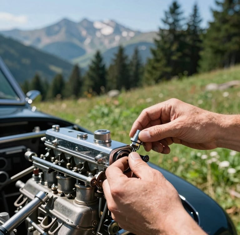 Hands of a mechanic adjusting the chrome carburetor of a vintage engine, bright outdoor mountain sunlight, shallow depth of field, 35mm