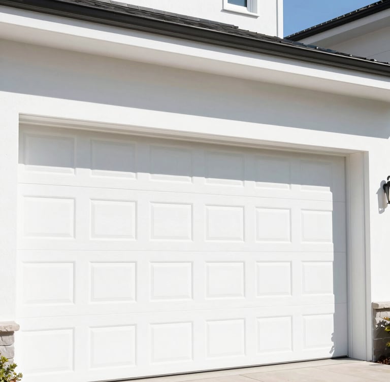 Bright saturated afternoon sunlight on a pristine white garage door installed on a modern home, showing clean architectural lines and sharp focus.