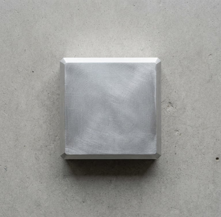 Top-down macro shot of a single raw aluminum paperweight on a smooth concrete surface, soft diffused north-facing daylight, quiet shadows