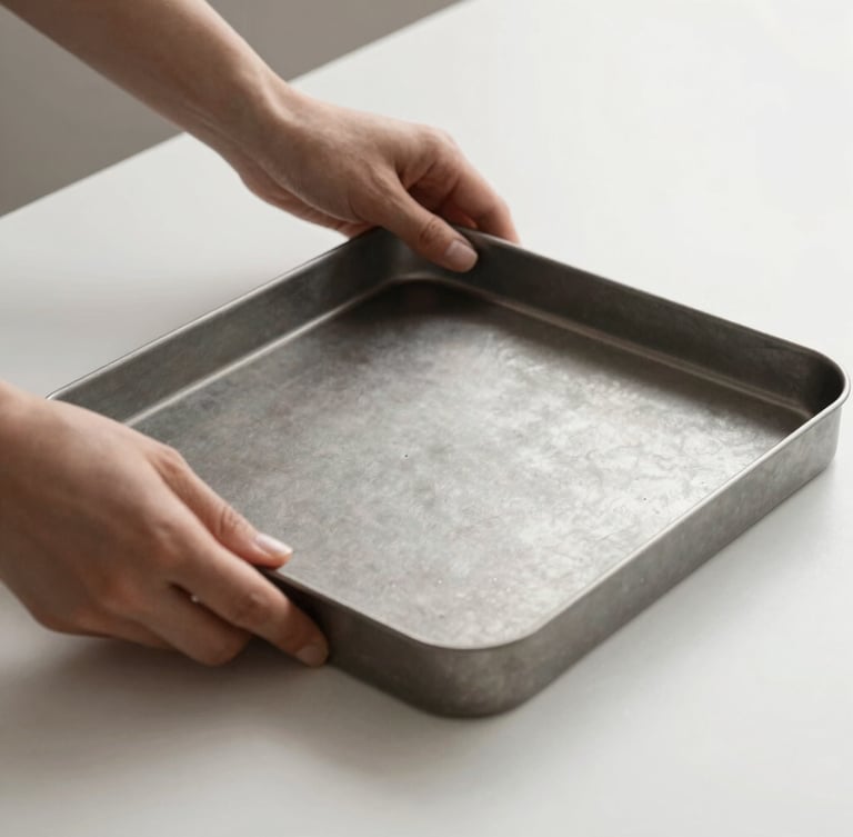 A close-up of hands interacting with a heavy matte steel desk tray, showcasing the tactile material texture, soft diffused studio light
