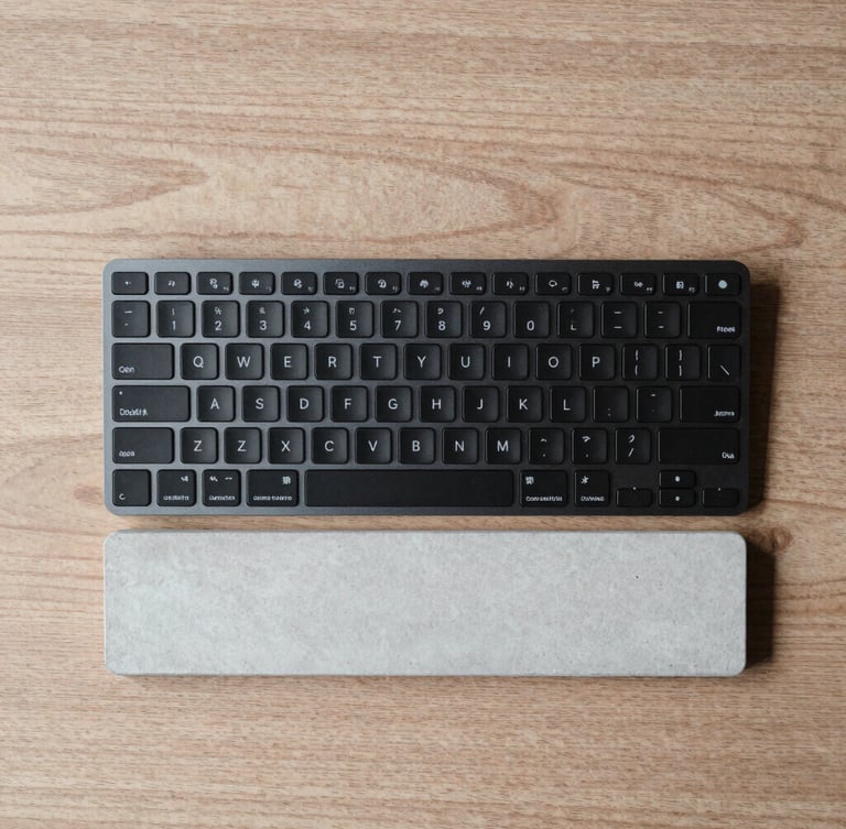 Top-down flat lay of a minimalist matte black aluminum keyboard and concrete wrist rest on a raw oak desk, soft diffused daylight, muted neutral tones, 50mm lens