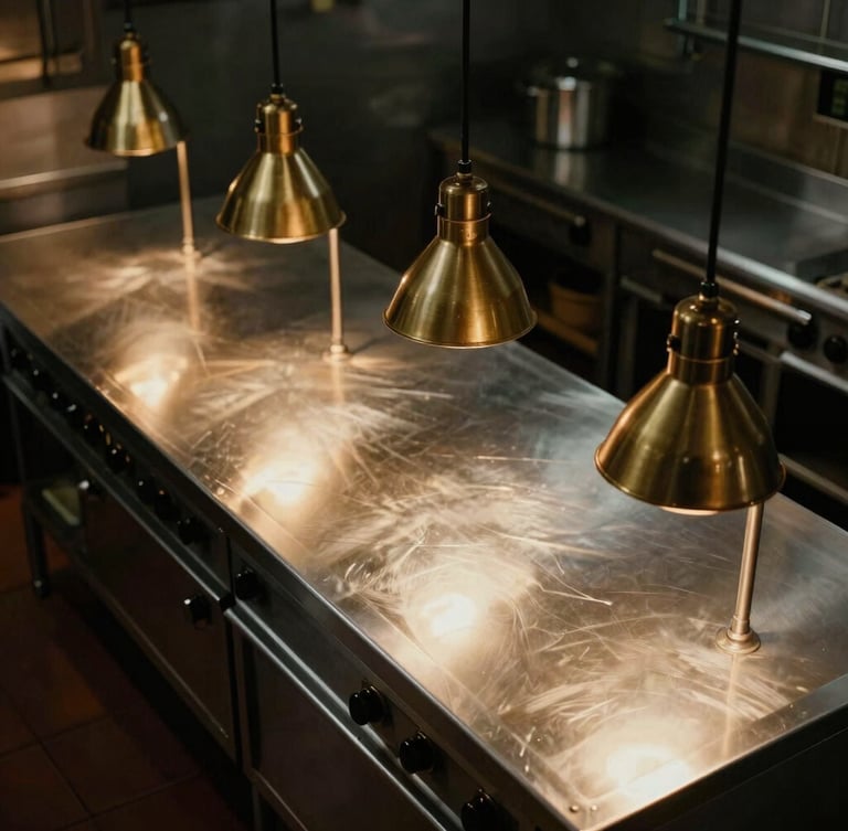 Overhead geometric shot of a clean stainless steel commercial kitchen line with warm ambient heat lamps casting sharp shadows, 35mm.