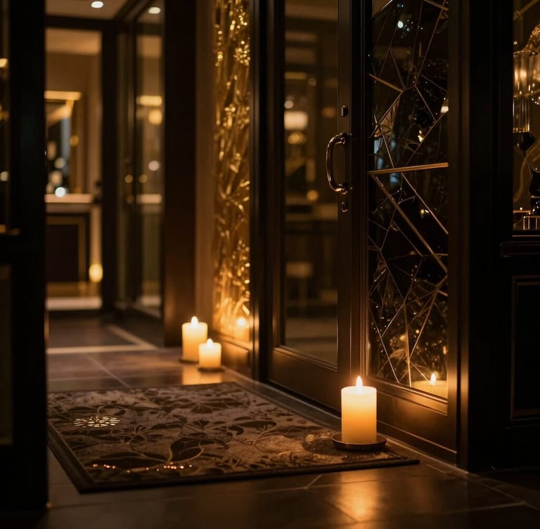 Moody luxury spa entrance with low-key warm candlelight, deep shadows, rich gold and obsidian tones, shallow depth of field