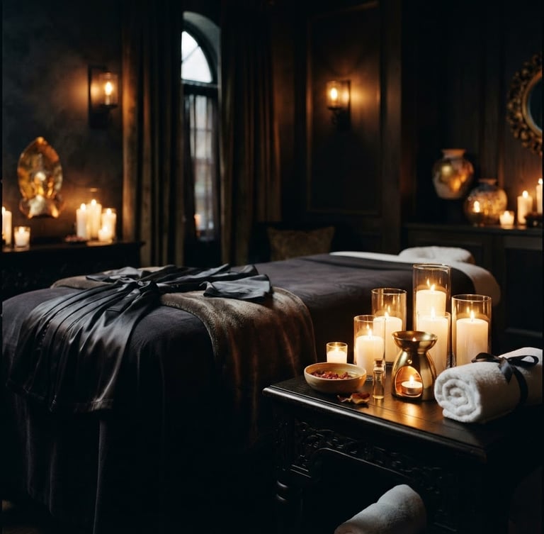 Moody luxury photography of a dark, candle-lit private treatment suite, soft shadows, rich gold and obsidian tones, shallow depth of field