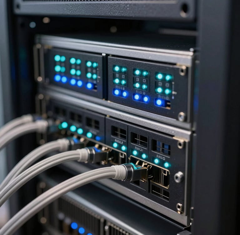 Macro close-up of a modern server rack interface, precise blue and teal LED indicator lights, structured metallic cabling, clean technical depth of field.
